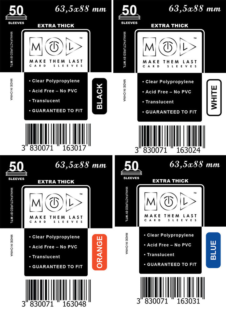 CBK, CBU, COR, CWH 63,5x88 mm 2x50pcs of Black, Blue, Orange and White – MTL Sleeves